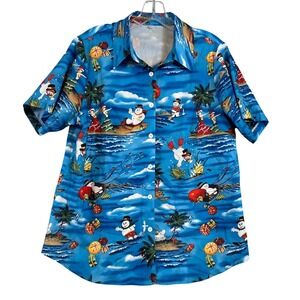 Mens Blue Tropical Christmas Snowman Hawaiian Shirt Short Sleeve Button Down Med